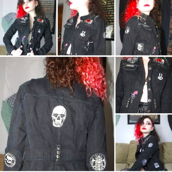 Tripp nyc Jackets & Blazers - Vintage 90s black military cut custom jean jacket! Patch punk, skeletons skulls